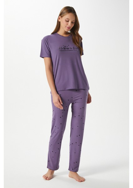 Kadın Kindness Yumuşak Doku Mürdüm Yıldız Desen Bisiklet Yaka Kısa Kollu Alt Üst Pijama Takımı