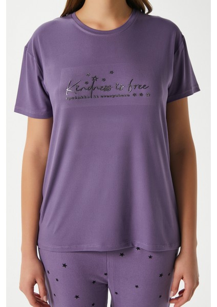 Kadın Kindness Yumuşak Doku Mürdüm Yıldız Desen Bisiklet Yaka Kısa Kollu Alt Üst Pijama Takımı