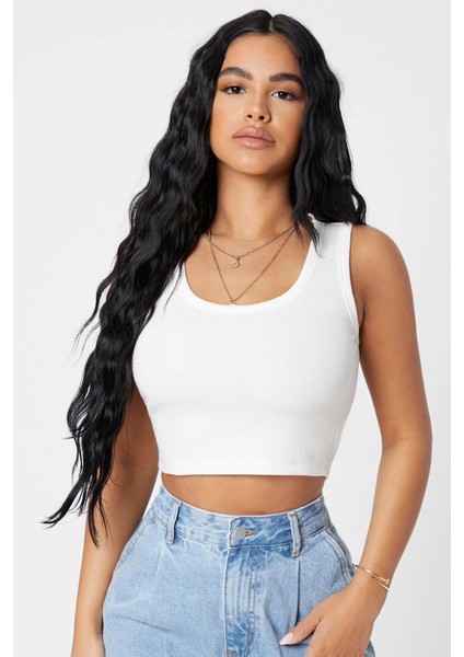 - Kadın Beyaz Kare Yaka Crop Top Bluz