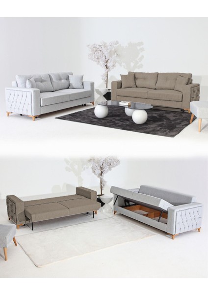 Nola Koltuk Takımı 3+3 & Bazalı Yataklı Koltuk & Kanepe - Keten