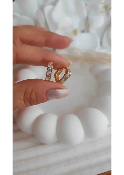 Çelik Kuyumcu Işçiliğinde Zirkon Taşlı Küpe 14 Ayar Kaplama modelleri