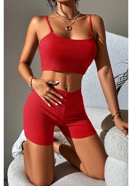 - Kadın Kırmızı Şortlu Kaşkorse Gecelik Takım