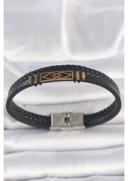 316L Çelik Gold Renk Aksesuarlı Çift Sıra Siyah Burgu Desenli Deri Kordon Erkek Bileklik - TJ-EB3710