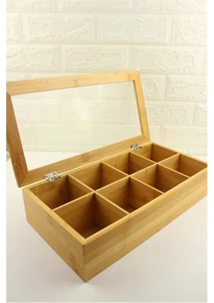 8 Bölmeli Bambu Poşet Çay Kutusu 20X30 cm Çok Amaçlı Organizer Kutu