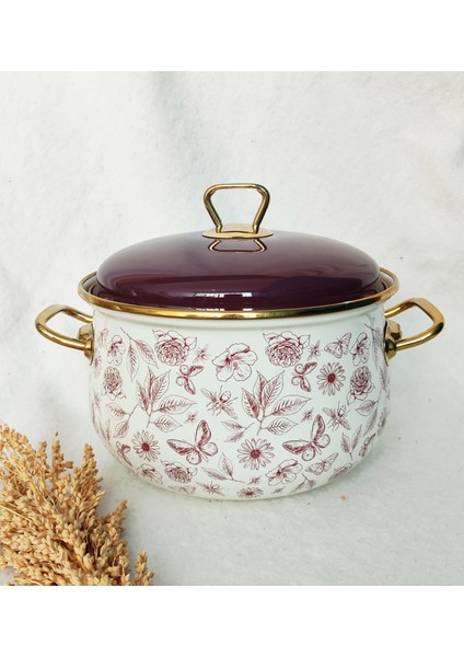 Lila Vintage Çiçek Emaye Tencere 5 Litre 24 cm Çap Süt Yoğurt Güveç Tenceresi
