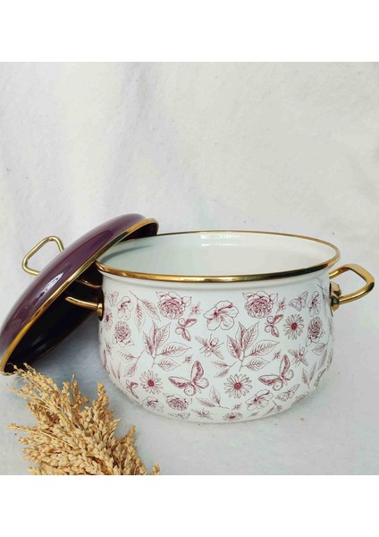 Lila Vintage Çiçek Emaye Tencere 5 Litre 24 cm Çap Süt Yoğurt Güveç Tenceresi