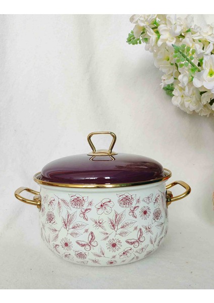 Lila Vintage Çiçek Emaye Tencere 5 Litre 24 cm Çap Süt Yoğurt Güveç Tenceresi
