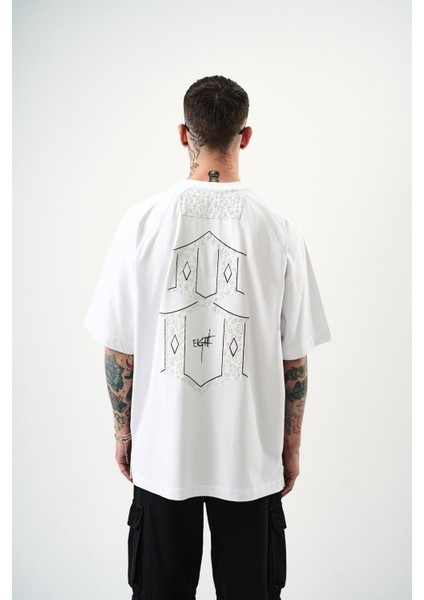 Erkek Eight Baskılı Oversize T-Shirt Beyaz