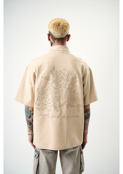 Erkek Be Kind Nakışlı Yarım Fermuarlı Oversize T-Shirt Bej