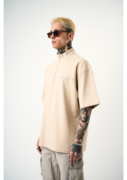 Erkek Be Kind Nakışlı Yarım Fermuarlı Oversize T-Shirt Bej modelleri