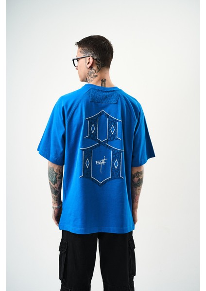 Erkek Eight Baskılı Oversize T-Shirt Mavi