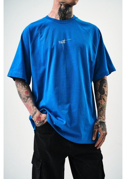 Erkek Eight Baskılı Oversize T-Shirt Mavi indirimleri
