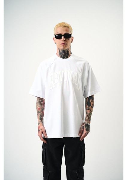 Erkek Revival Baskılı Oversize T-Shirt Beyaz