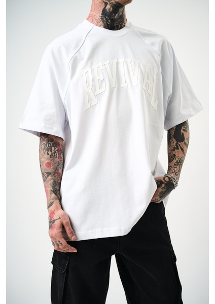 Erkek Revival Baskılı Oversize T-Shirt Beyaz indirimleri