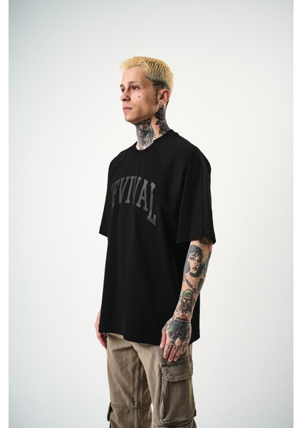 Erkek Revival Baskılı Oversize T-Shirt Siyah fiyatları