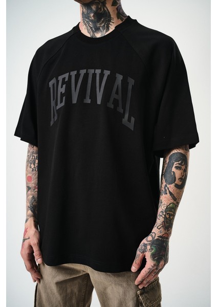 Erkek Revival Baskılı Oversize T-Shirt Siyah indirimleri
