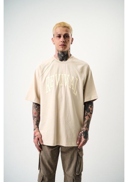 Erkek Revival Baskılı Oversize T-Shirt Bej