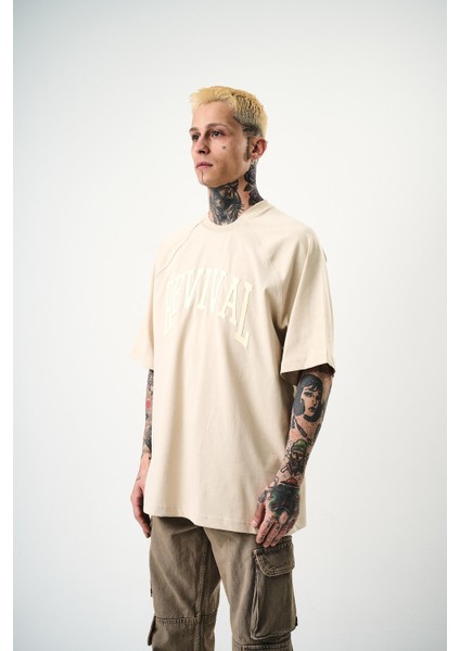Erkek Revival Baskılı Oversize T-Shirt Bej fiyatları