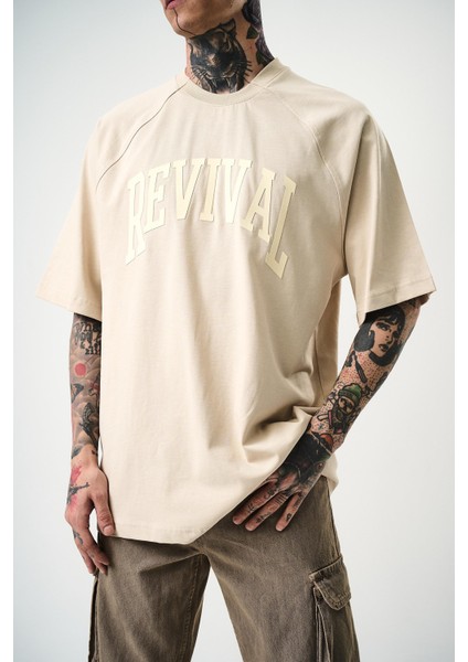 Erkek Revival Baskılı Oversize T-Shirt Bej indirimleri