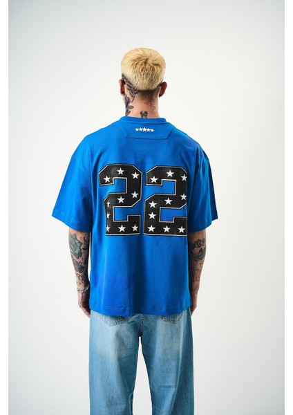 Erkek 22 Starz Baskılı Oversize T-Shirt Mavi