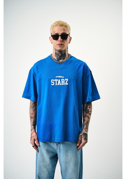 Erkek 22 Starz Baskılı Oversize T-Shirt Mavi fiyatları