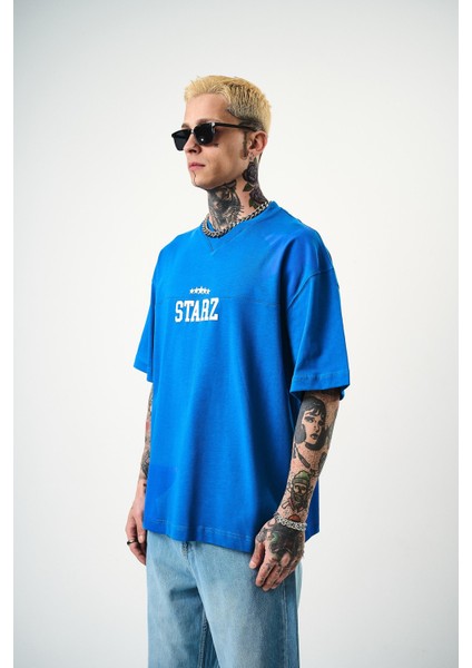 Erkek 22 Starz Baskılı Oversize T-Shirt Mavi modelleri