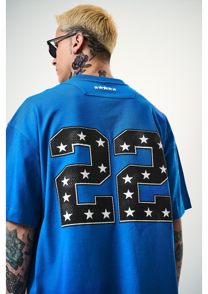 Erkek 22 Starz Baskılı Oversize T-Shirt Mavi fırsatları