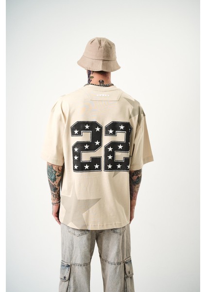 Erkek 22 Starz Baskılı Oversize T-Shirt Bej