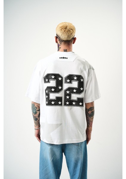Erkek 22 Starz Baskılı Oversize T-Shirt Beyaz