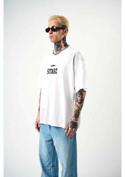 Erkek 22 Starz Baskılı Oversize T-Shirt Beyaz modelleri