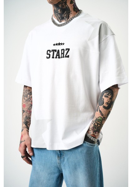 Erkek 22 Starz Baskılı Oversize T-Shirt Beyaz indirimleri