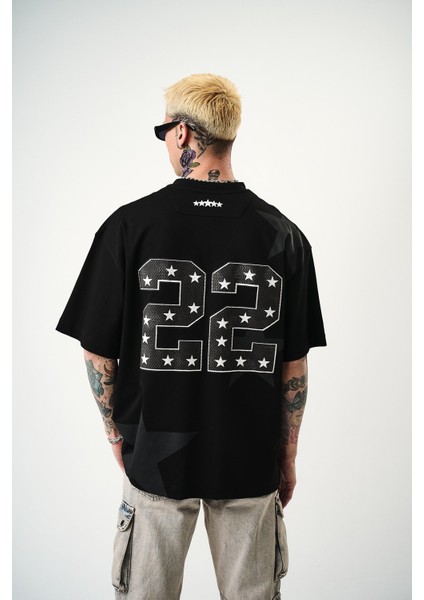 Erkek 22 Starz Baskılı Oversize T-Shirt Siyah