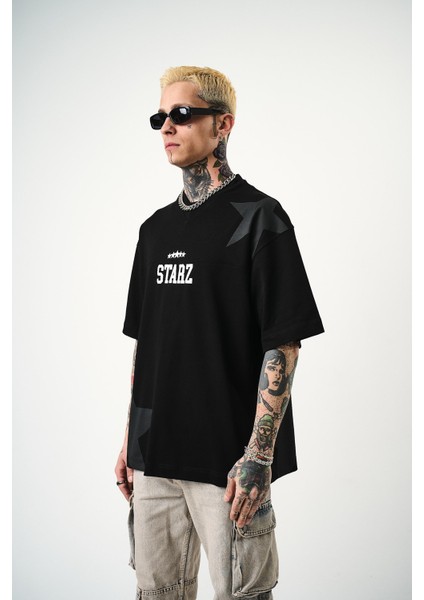 Erkek 22 Starz Baskılı Oversize T-Shirt Siyah modelleri