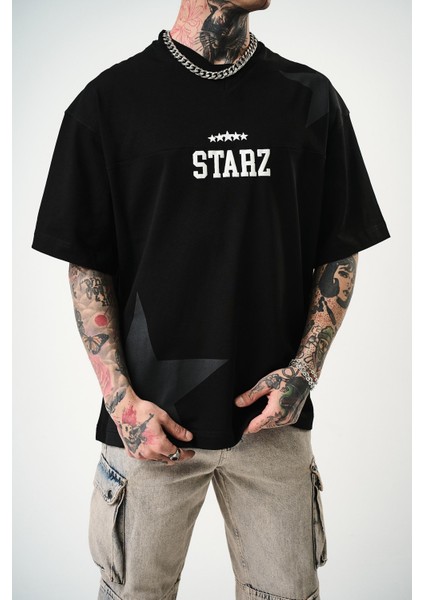 Erkek 22 Starz Baskılı Oversize T-Shirt Siyah indirimleri