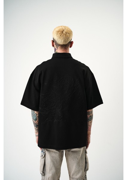 Erkek Be Kind Nakışlı Yarım Fermuarlı Oversize T-Shirt Siyah