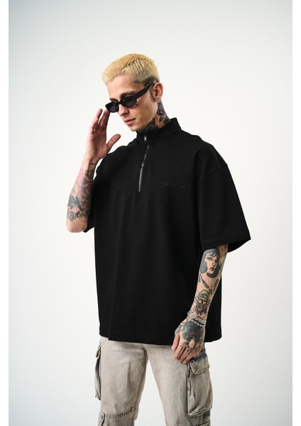 Erkek Be Kind Nakışlı Yarım Fermuarlı Oversize T-Shirt Siyah modelleri