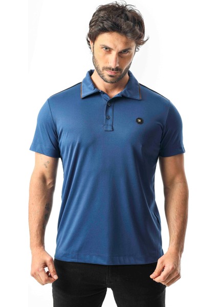 Polo Yaka Omzu Çizgili Armalı Düğmeli T-SHIRT-6275