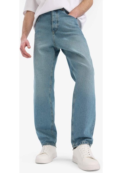 Yeni Sezon %100 Pamuk Baggy Fit Geniş Kalıp Normal Bel Geniş Paça Soluk Efektli Jean Pantolon