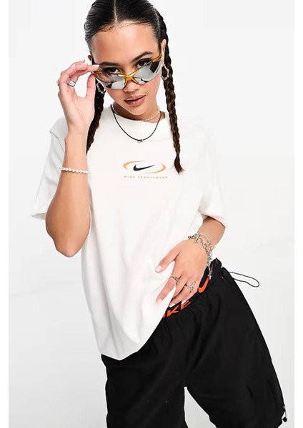 Sportswear Loose Fit Tee Bfoosh Kadın Pamuklu Bol Kesim Tişört Beyaz
