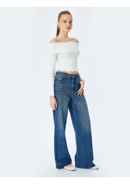 Yeni Sezon Madonna Yaka Omuzu Açık Slim Fit Uzun Kollu Tişört