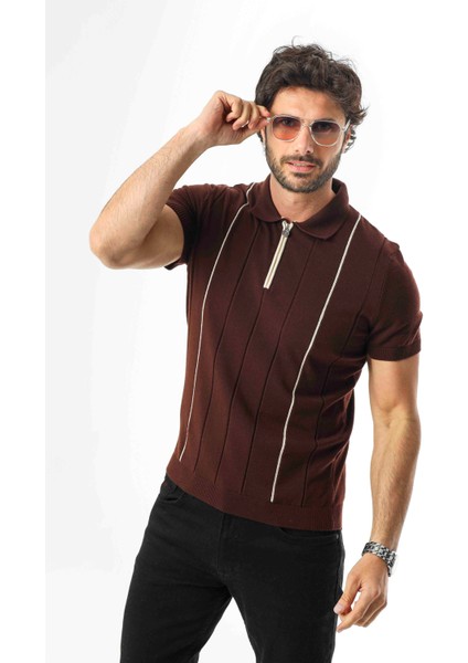 Polo Yaka Yarım Fermuarlı Çizgi Desenli Triko T-SHIRT-TY-1311 fiyatları