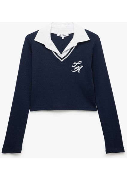 Yeni Sezon Uzun Kollu Gömlek Yaka Slim Fit Kolej Nakışlı Tişört modelleri