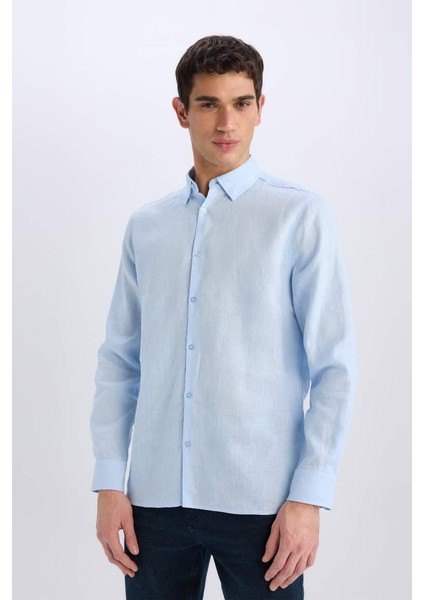 Yeni Sezon Regular Fit Polo Yaka Yazlık Keten Basic Düz Uzun Kollu Gömlek