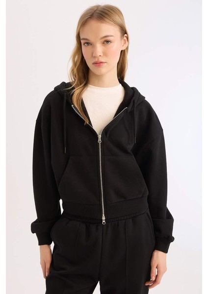 Yeni Sezon Coool Standart Fit Kapüşonlu Basic Düz Kanguru Cepli Fermuarlı Sweatshirt