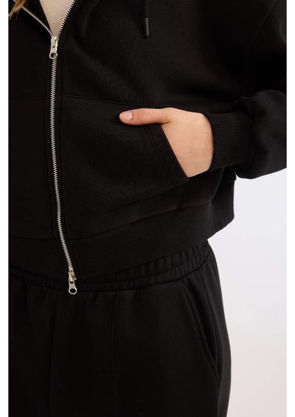 Yeni Sezon Coool Standart Fit Kapüşonlu Basic Düz Kanguru Cepli Fermuarlı Sweatshirt indirimleri