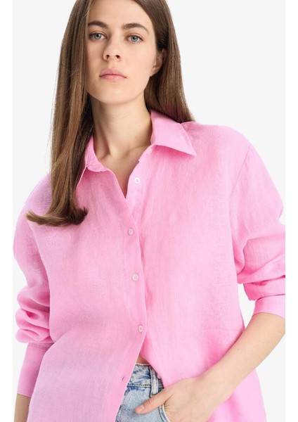 Yeni Sezon Oversize Geniş Kalıp Basic Düz Pembe Keten Uzun Kollu Gömlek