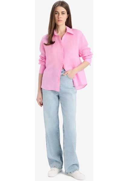 Yeni Sezon Oversize Geniş Kalıp Basic Düz Pembe Keten Uzun Kollu Gömlek