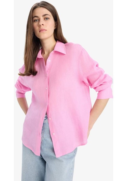 Yeni Sezon Oversize Geniş Kalıp Basic Düz Pembe Keten Uzun Kollu Gömlek