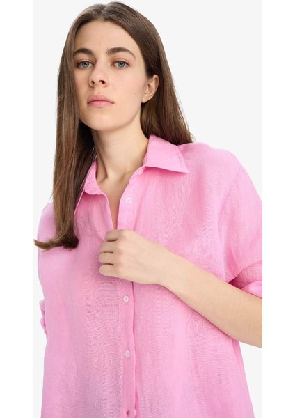 Yeni Sezon Oversize Geniş Kalıp Basic Düz Pembe Keten Uzun Kollu Gömlek
