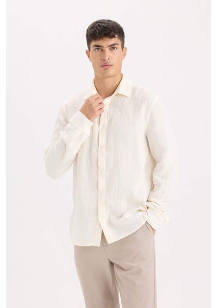 Yeni Sezon %100 Pamuk Regular Fit Polo Yaka Müslin Uzun Kollu Gömlek
